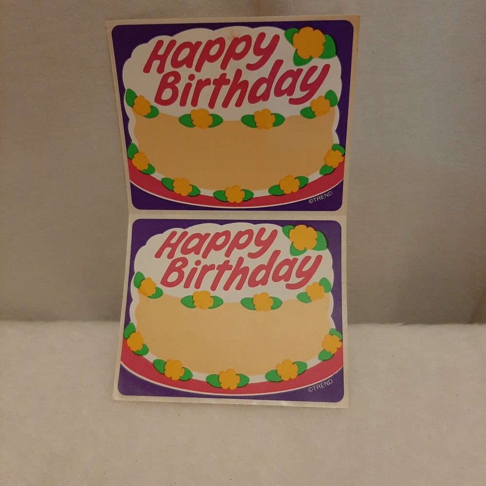 Vintage Trend Happy Birthday Name Tag Badge Stickers Set of 2 Birthday Cake READ